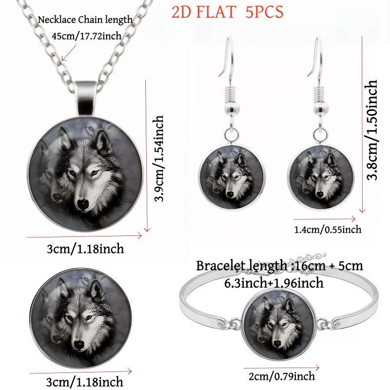 5pc Wolf-Themed Women's Jewelry Set, Necklace & Earrings
